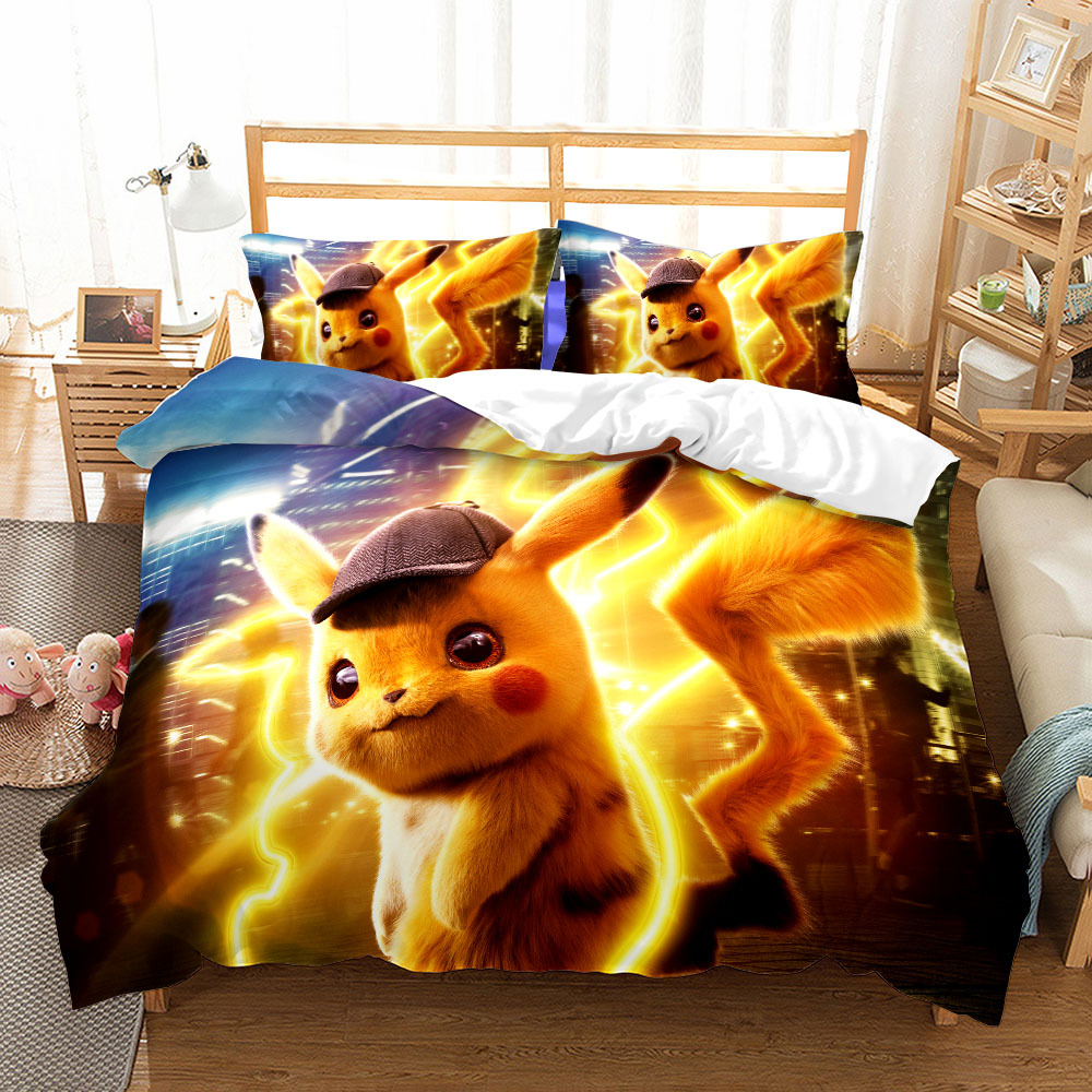 跨境ebay亚马逊口袋怪兽皮卡丘数码印花床上用品三件套