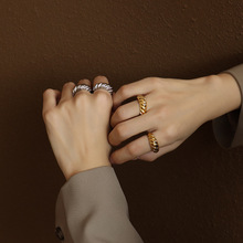 欧美新款ins风复古厚重螺纹面铸造戒指尾戒钛钢18k金指环女饰品