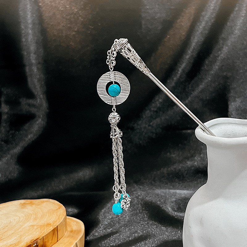 New Chinese Style National Fashion Hairpin Minority Ethnic Style Ancient Chinese Clothing Royal Court Buyao Turquoise Hollow Flower Tassel Hair Pin