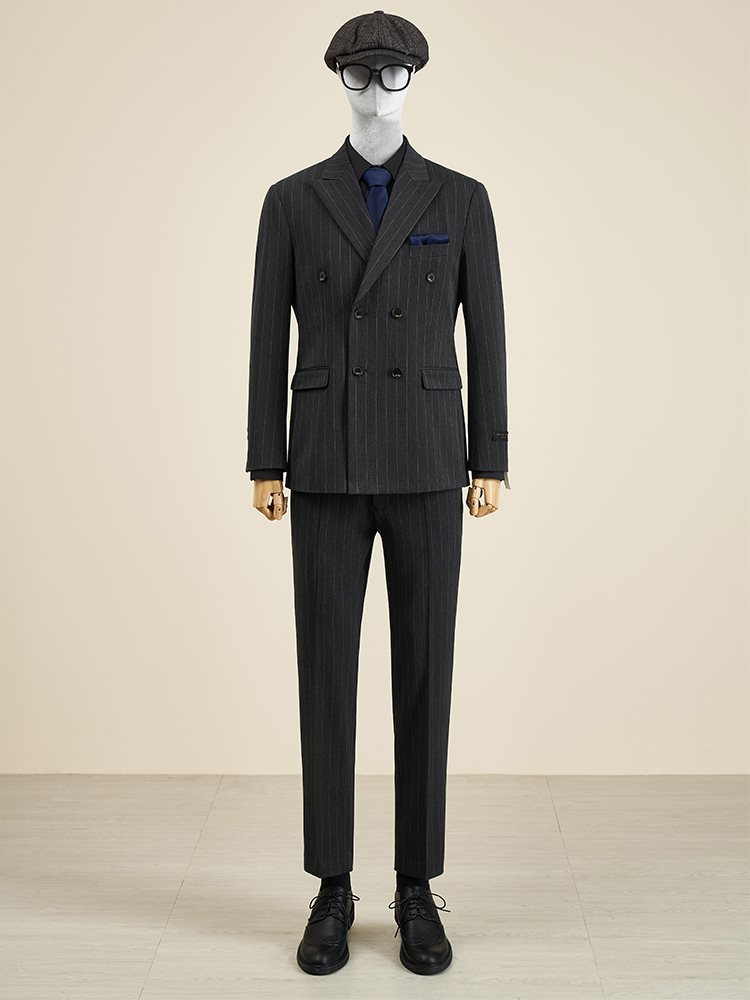 dt先生条纹双排扣西服套装男士轻奢正装复古英伦西装新郎结婚礼服