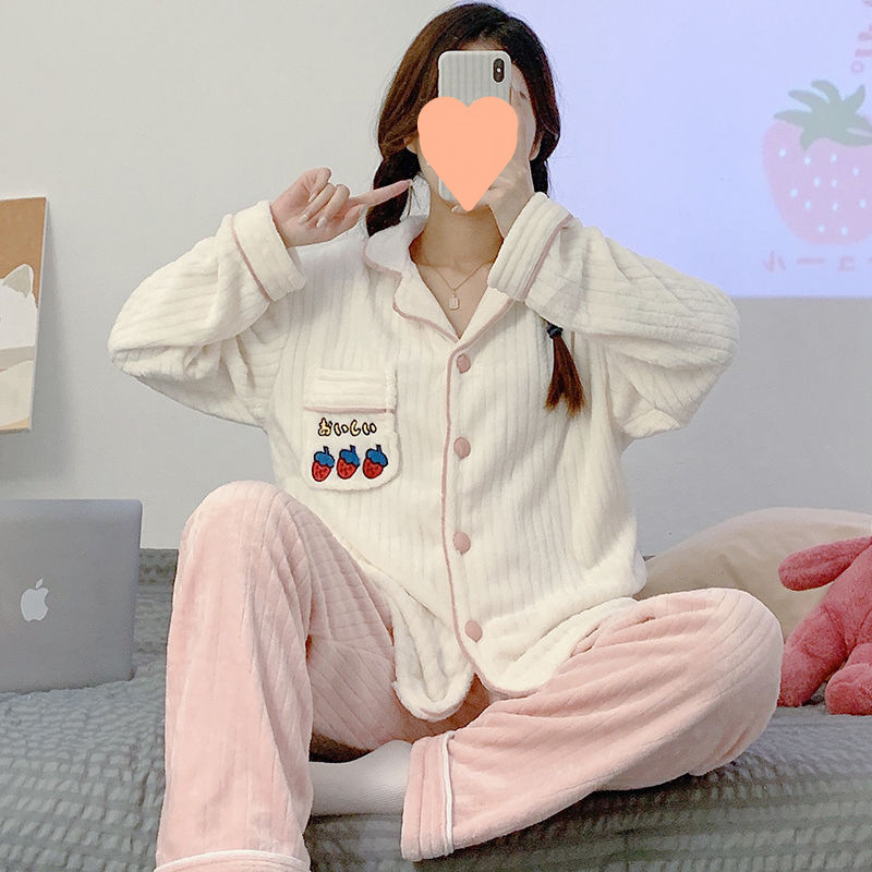 秋冬季珊瑚绒睡衣女学生宿舍加厚加绒甜美法兰绒家居服套装冬天