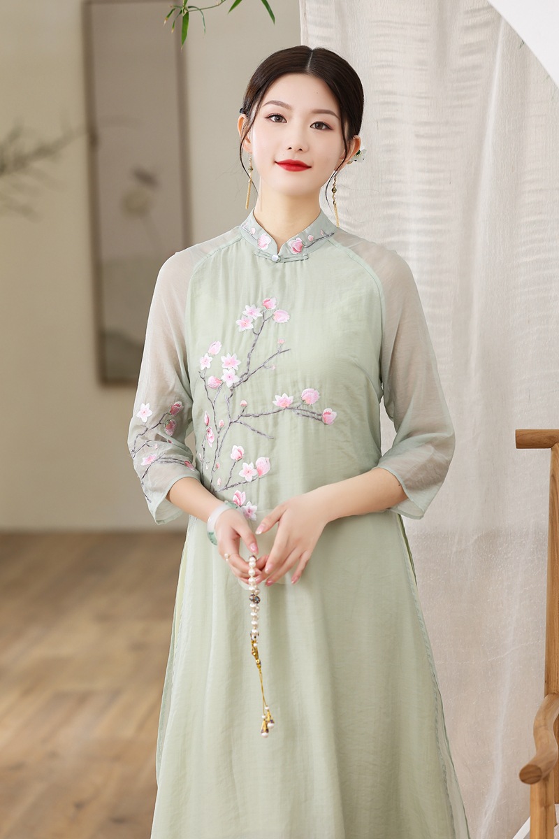 新中式春夏季女装国风复古连衣裙 拼接改良旗袍奥黛长裙茶服a字裙