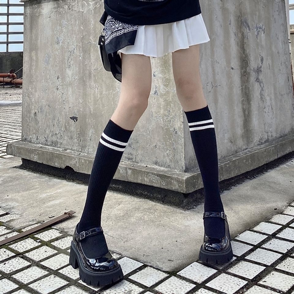 批发春夏条纹jk制服袜子女可爱学院风及膝中筒款ins潮黑色小腿袜