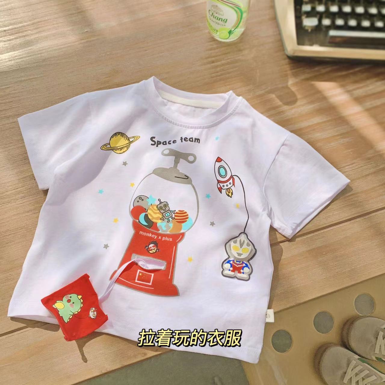 Children's Clothing Pure Cotton Cartoon Boys' and Girls' Shirt round Neck Stitching Short Sleeve Light Light Luminous Ultraman Luminous