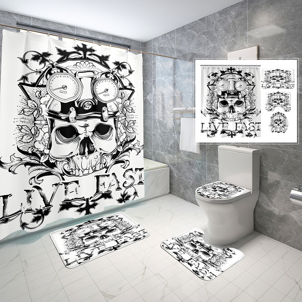 White Waterproof Shower Curtain Four-Piece Skull Flower Digital Printing Bathroom Set Three-Piece Set Toilet Cover Mat