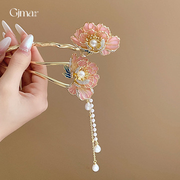 新中式镶钻滴油珍珠花朵流苏发簪古风盘发发钗时尚潮流发饰批发女