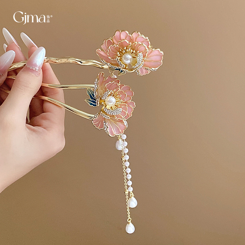 New Chinese Style Diamond Drop Oil Pearl Flower Tassel Hairpin Ancient Style Updo Hairpin Fashion Trendy Hair Accessories Wholesale for Women