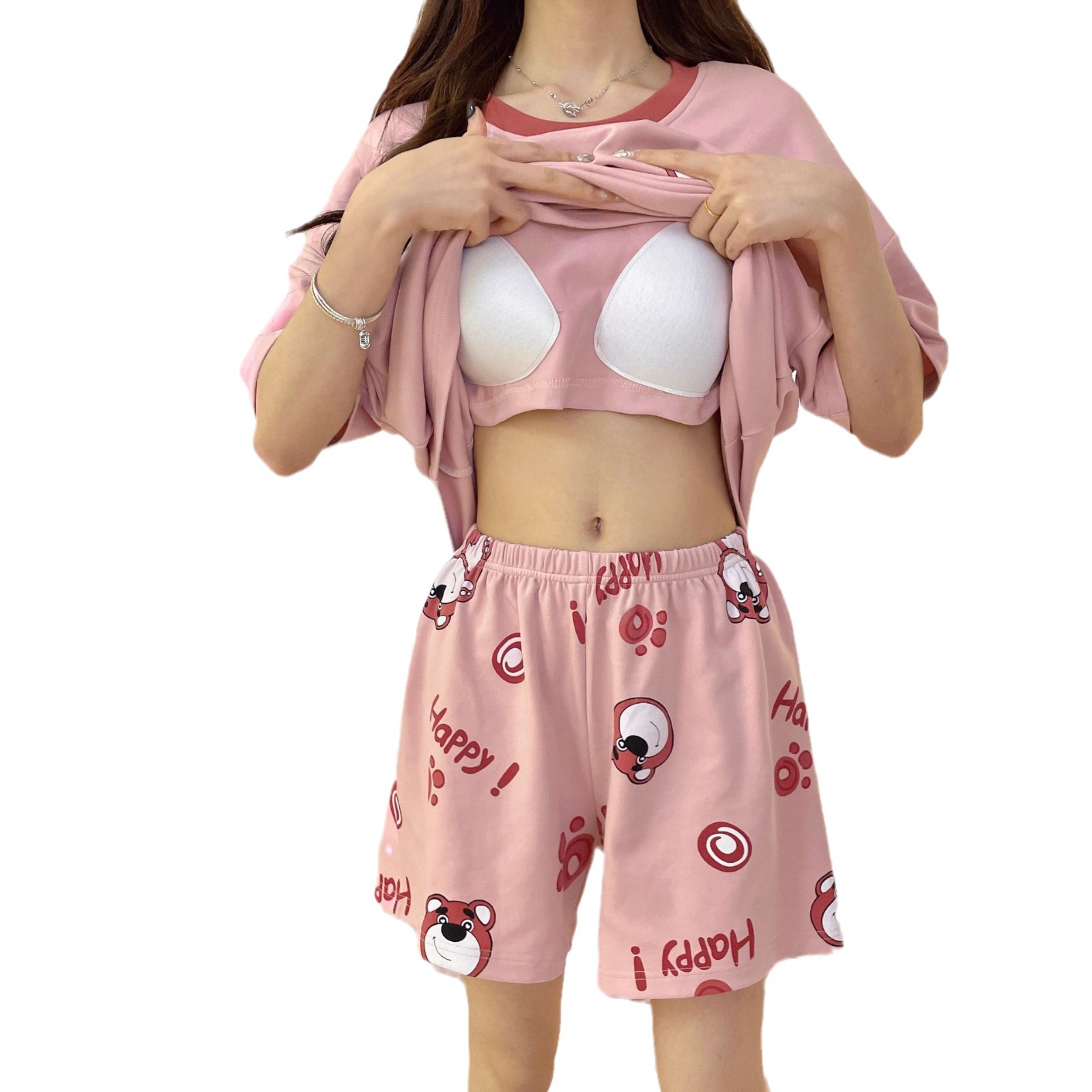 2024 New Women's Short-Sleeved Cartoon Net Red Wind Pajamas with Chest Pad Nipple Coverage Summer Day Home Wear Suit