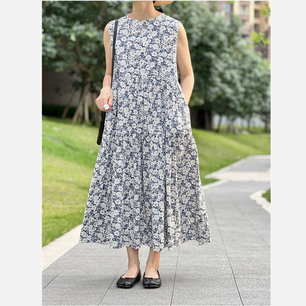 日本潮牌 纯棉印花蛋糕型大摆无袖蓝色连衣裙背心裙-阿里巴巴