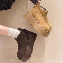 磨砂皮松糕厚底马丁靴女2024冬季新款8CM小个子增高加绒烟筒短靴
