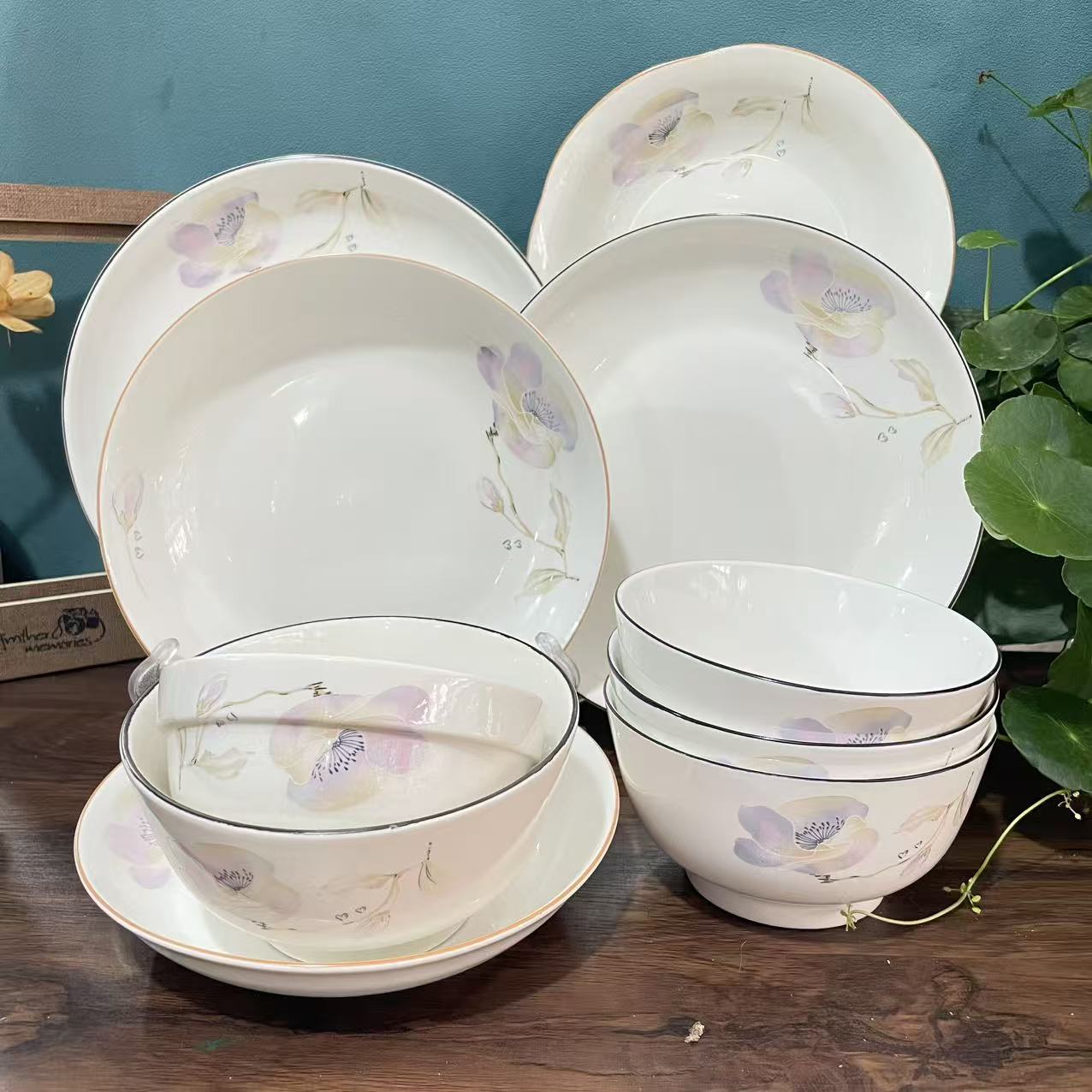 家用陶瓷碗盘餐具花开半夏田园淡雅米饭碗菜盘家用超大号炒菜盘子