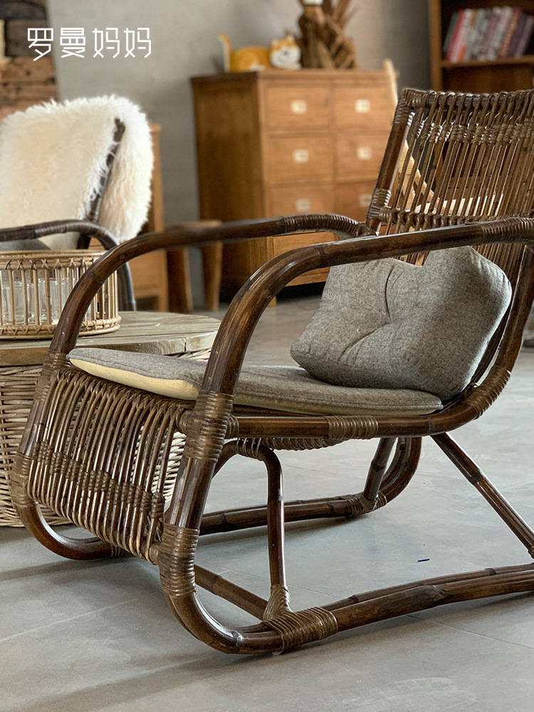 罗曼妈妈 古法手编藤椅休闲扶手座椅 天然玛瑙藤复古艺术高档家具