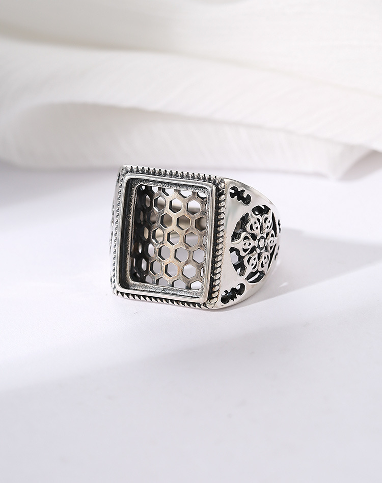 男士戒托s925纯银戒指空托diy镶嵌绿松石蜜蜡南红活口戒指托13*15