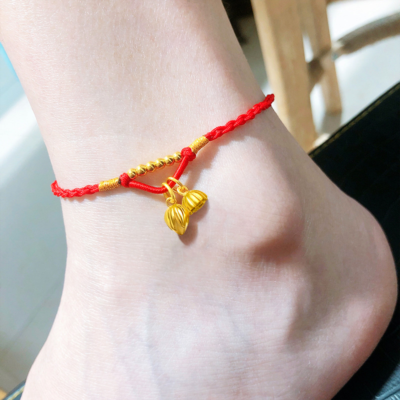 黄金足金999如意莲莲两世欢金珠脚链3d硬金手工编织莲花莲蓬手绳