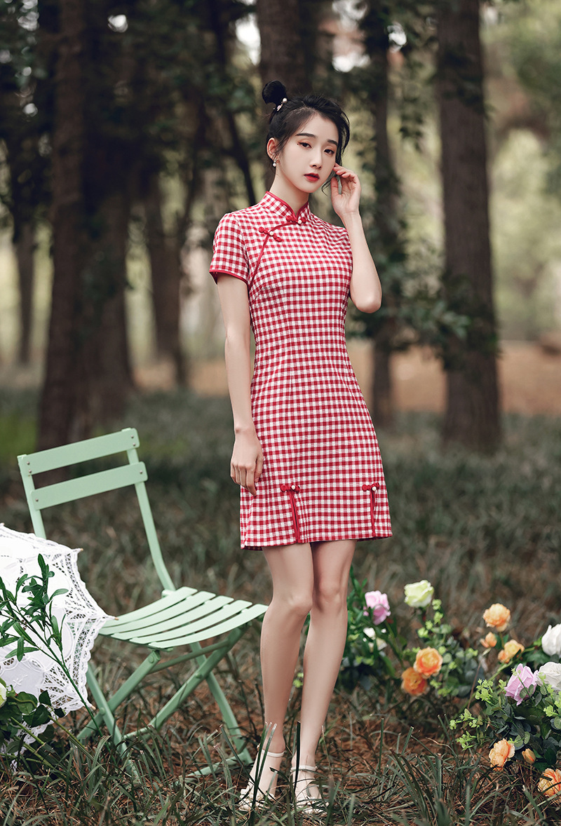 简丽美2021新款棉麻立领俏皮日常旗袍 格子a版修身短款改良旗袍