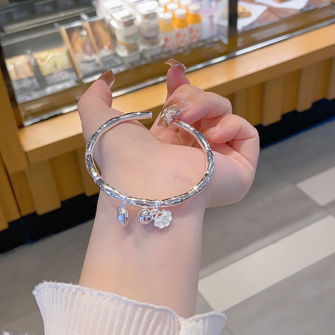 银手镯9999纯银女正品 藕节福牌铃铛两世欢开口实心百搭 银饰品