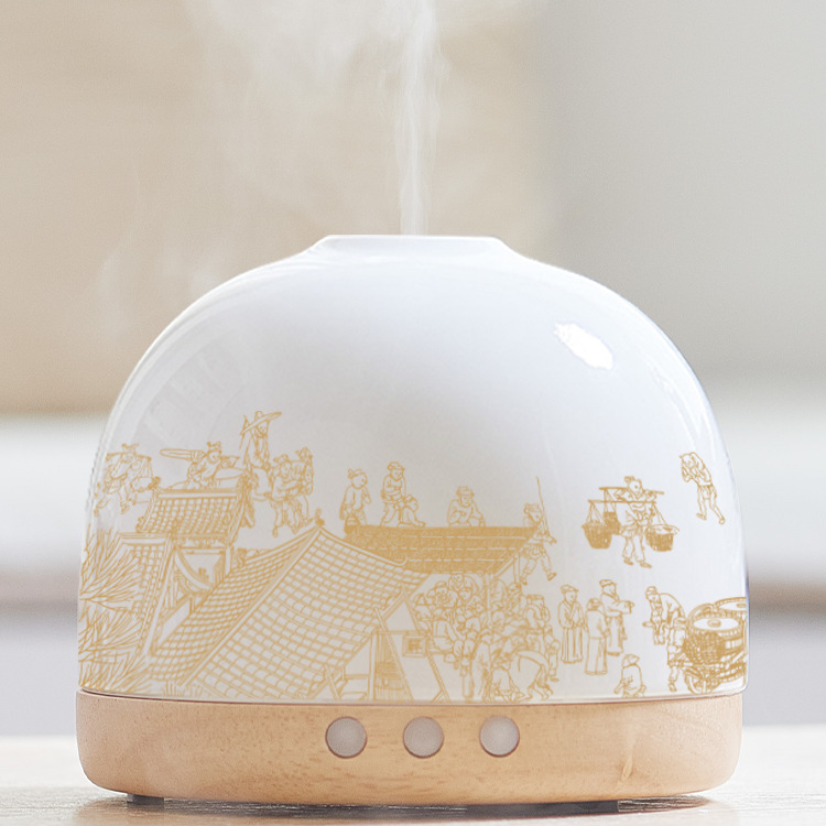 香薰机自动喷香机陶瓷国潮文创实木底座静音加湿器精油家用喷雾