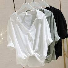 白色V领短袖衬衫女2024夏季新款韩版设计感小众宽松显瘦打结衬衣
