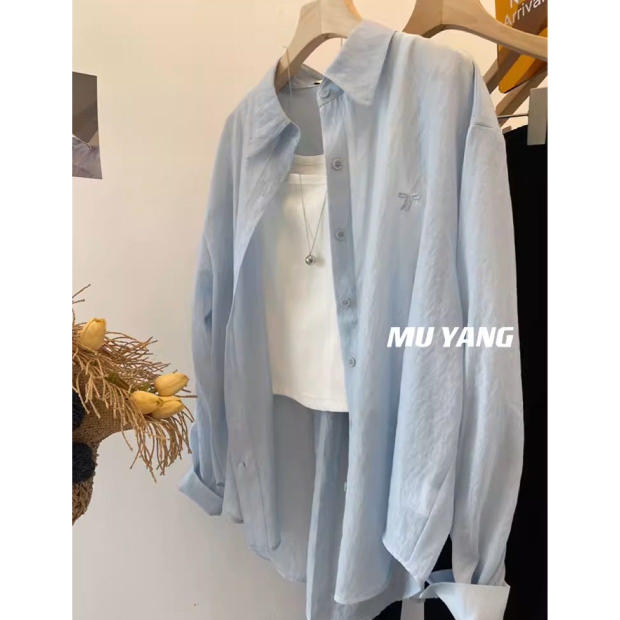 MUYANG 54%兰精天丝料 慵懒随性刺绣蝴蝶结防晒衬衣 夏上衣衬衫女
