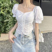 法式花边方领白衬衫女夏季新款泡泡短袖T恤设计感甜辣妹修身上衣