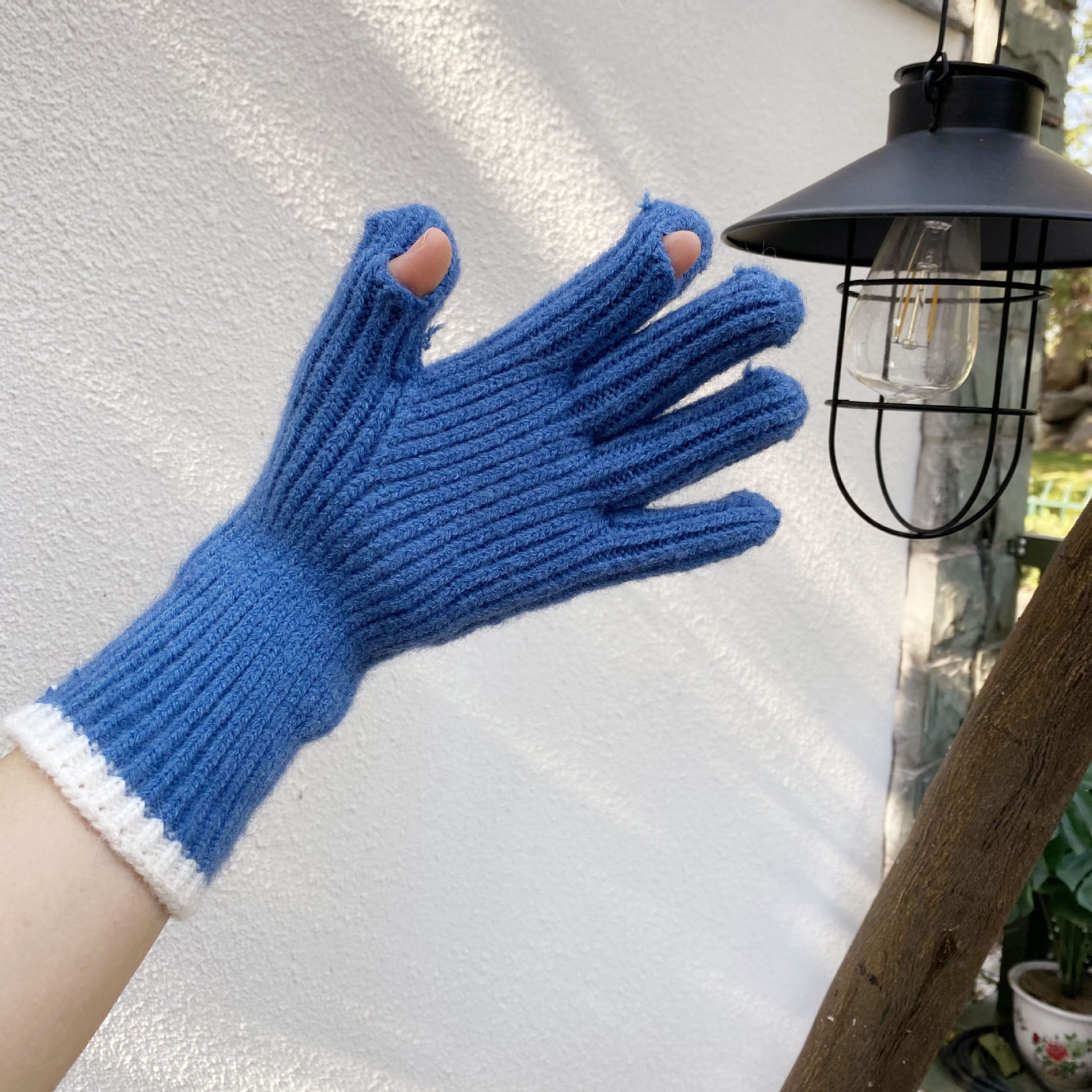 韩国东大门网红针织撞色分指手套破洞可触屏纯色毛线五指手套男女