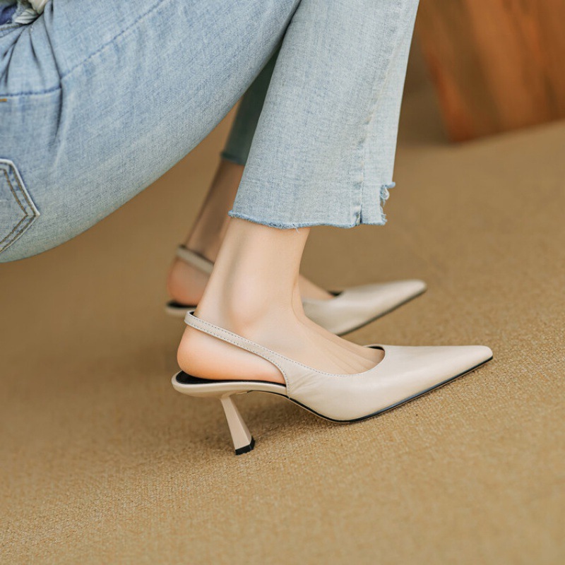 夏季简约尖头中跟单鞋后空气质高跟鞋子酒红色复古粗跟包头凉鞋女