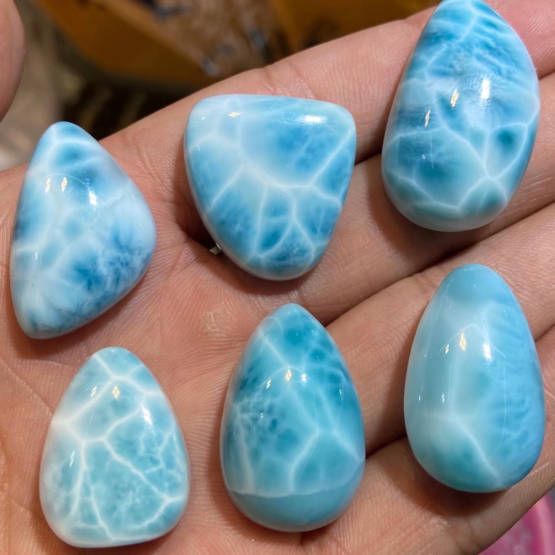 天然多米尼加拉利玛海纹石吊坠裸石半成品满龟背玉化冰透鲜蓝成色