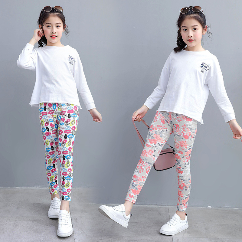 Summer New Korean Style Cropped Crawler Children 3-11 Years Old All-Matching Printed Colorful Golden Flower Girls' Leggings Wholesale