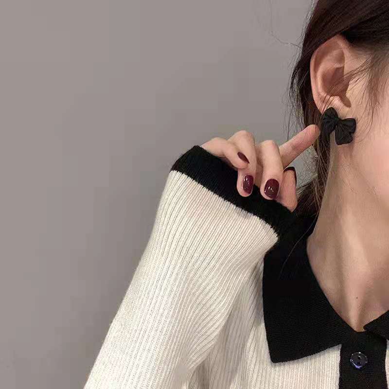 Korean Style Sweet Bow Stud Earrings Sterling Silver Needle Fashion Retro Gentle Smart Wine Red Black Earrings