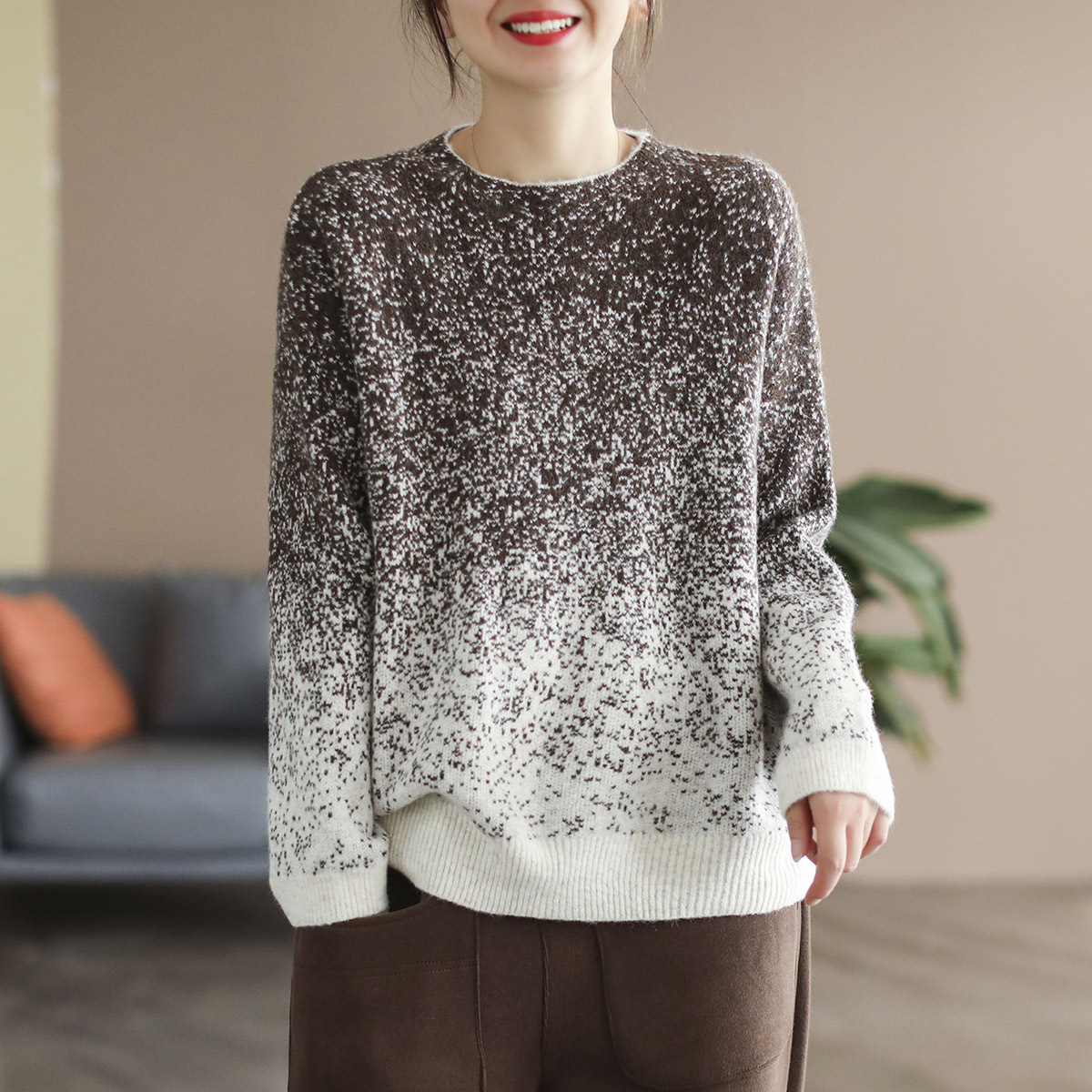 古咖服饰文艺休闲混纺针织毛衣女士冬季新款宽松复古渐变花色上衣