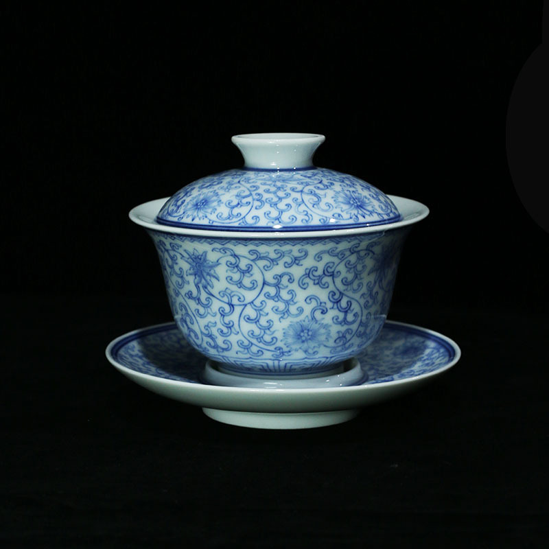 青花缠枝莲纹盖碗三才杯景德镇手工陶瓷功夫茶具泡茶杯手绘茶具