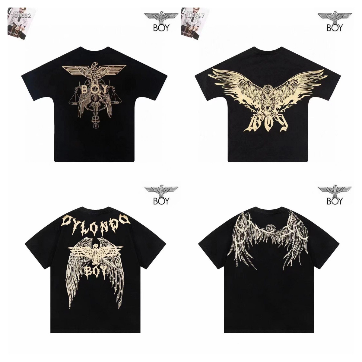 24新款浪漫恋人boy烫金樱花翅膀老鹰男女同款情侣短袖t恤一件代发