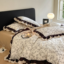 法式复古浪漫双层花边四件套纯棉被套床上全棉床单卧室三件套床笠