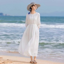 夏季旅行文艺休闲文旅风纯白色天丝棉宽松系带收腰连衣裙