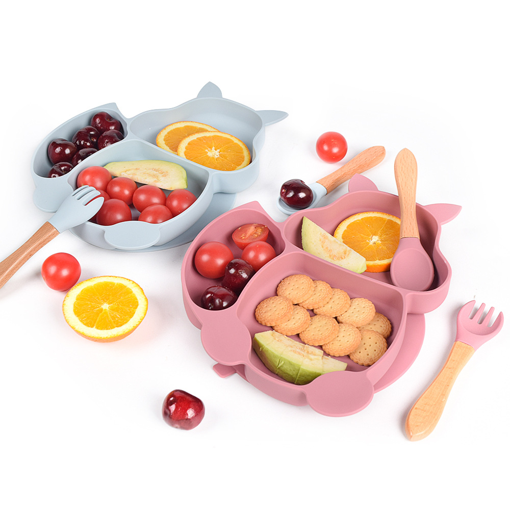 Squirrel Compartment Children's Tableware Baby Silicone Solid Food Bowl Baby Spork Integrated Children's Silicone Service Plate