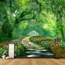 3D简约大自然风景墙布环保沙发小清新壁画瑜伽室绿色森林背景墙纸