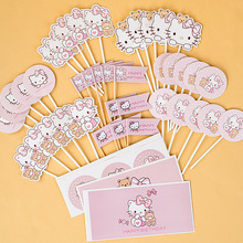 粉色小猫咪主题女孩生日满月宴装饰甜品台布丁贴纸推推乐蛋糕插牌