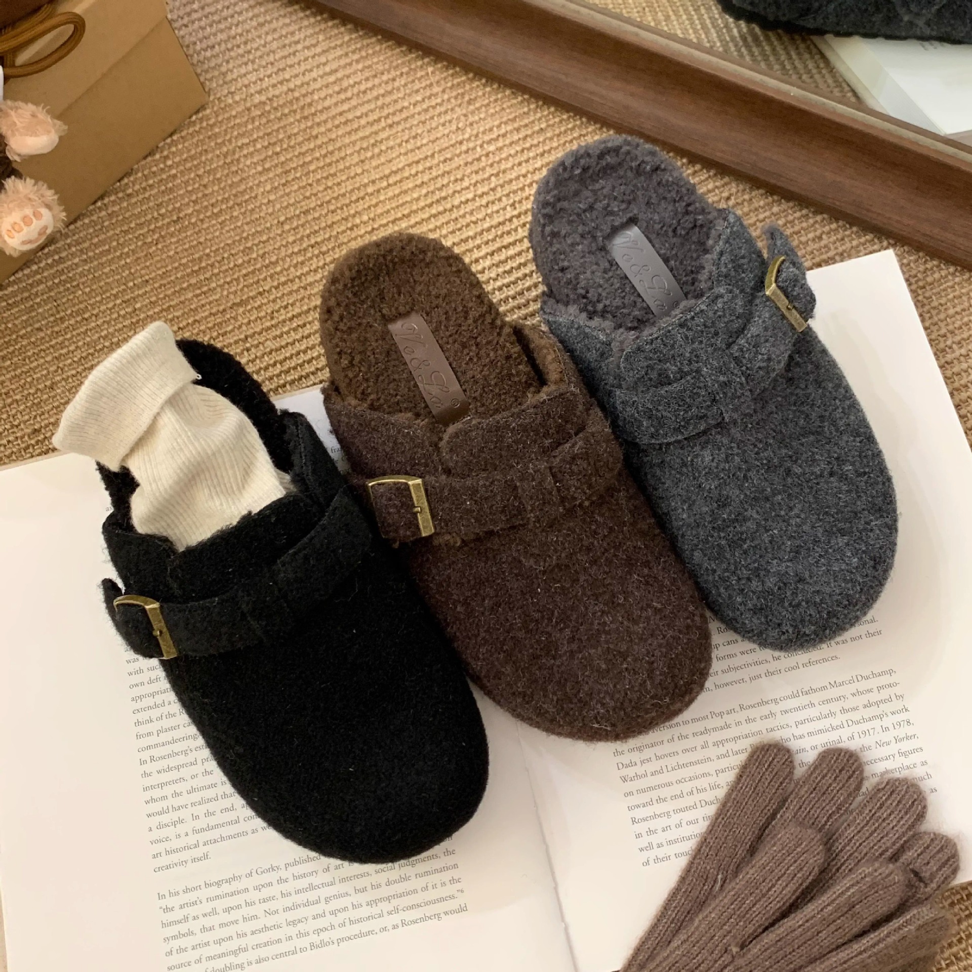 内增高5CM~灰色毛毛鞋女冬外穿新款厚底勃肯鞋女加绒包头半拖棉鞋