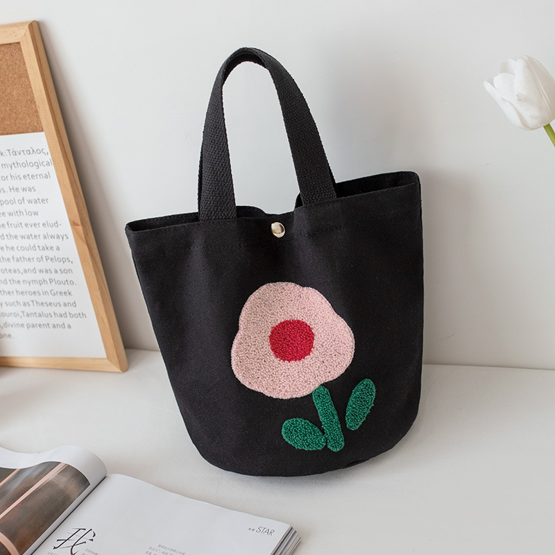 Embroidered Canvas Handbag Women's New Korean Towel Embroidery Student Large Capacity Lunch Box Lunch Bag Tote Bag for Going out