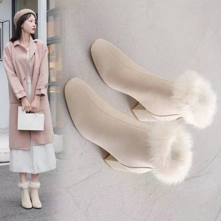 真兔毛雪地靴女2025年冬季新款绒面高跟马丁靴加绒加厚保暖棉靴子