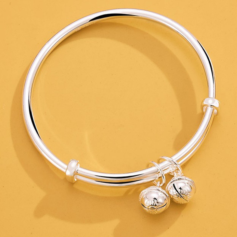 9999纯银手镯大人双铃铛足银镯子女夏简约铃铛推拉首饰送生日礼物