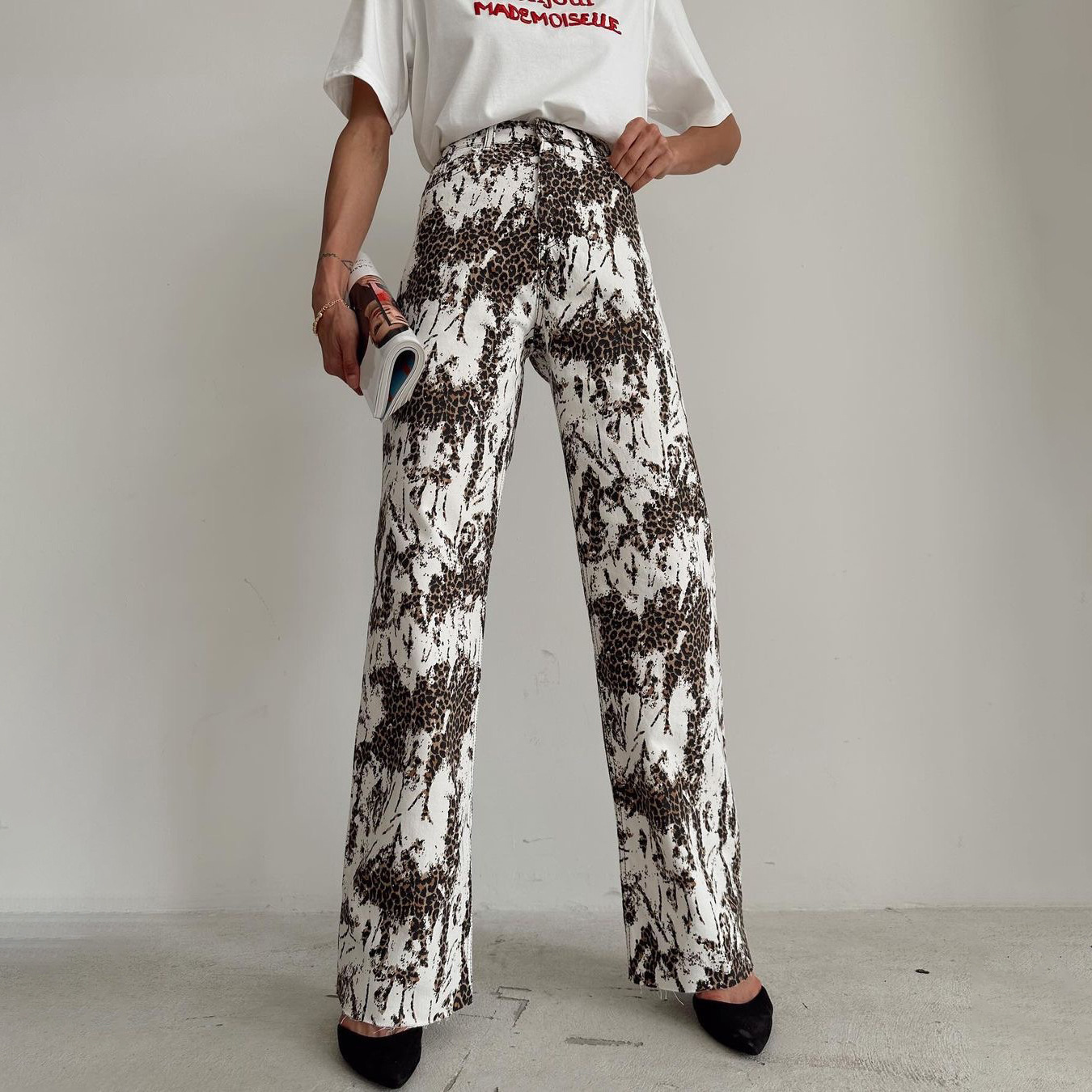 高腰优雅豹纹长裤女式修身独特别致高街窄版直筒裤小个子街头百搭