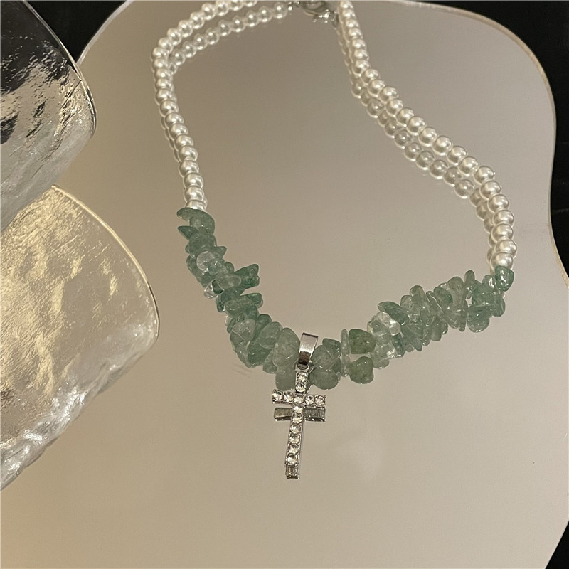 法式宫廷风十字架项链 个性时髦珍珠碧玺拼接超闪镶钻合金锁骨链
