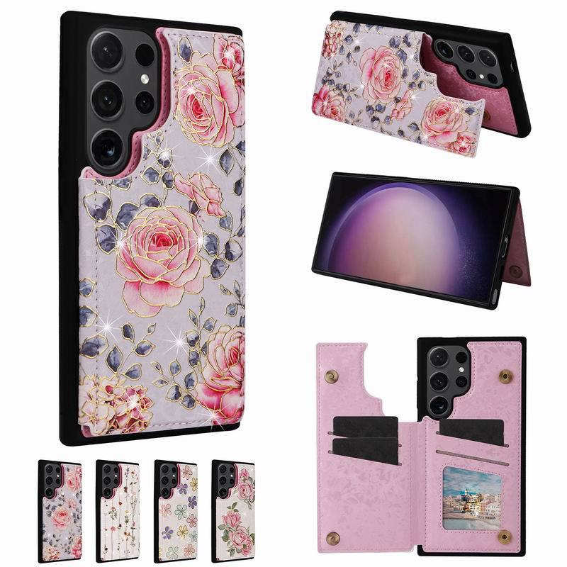适用 三星S24U S23FE S22插卡印图双扣皮套S21plus时尚花朵手机壳