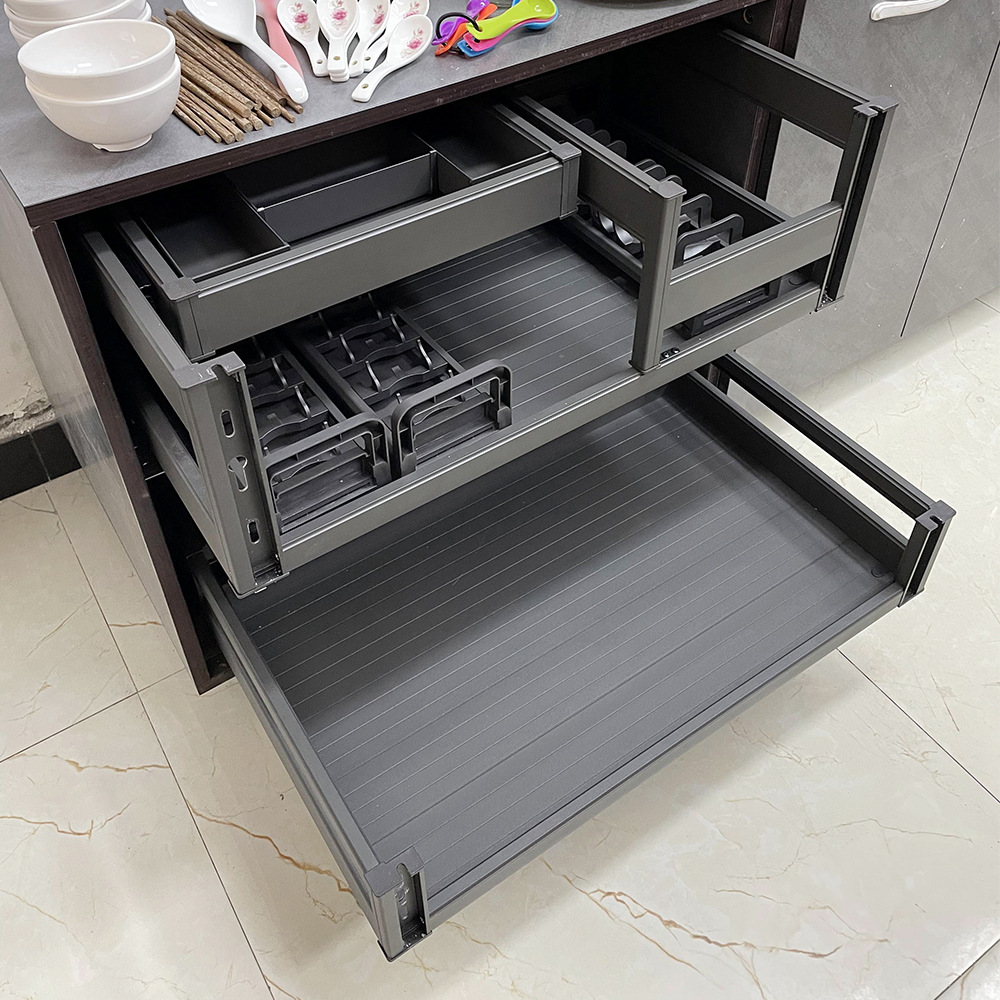 厨房橱柜三层铝合金抽中抽收纳碗碟架抽屉式碗架碗篮阻尼工具拉篮