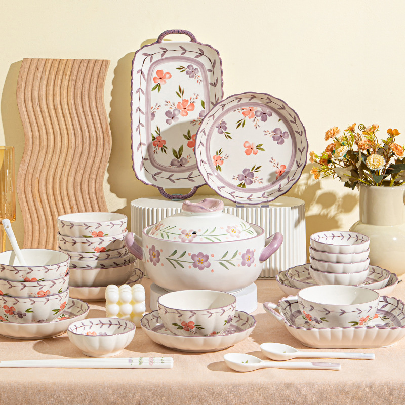 日式高颜值万紫千红碗盘子组合家用饭碗汤碗送礼碗碟套裝陶瓷餐具