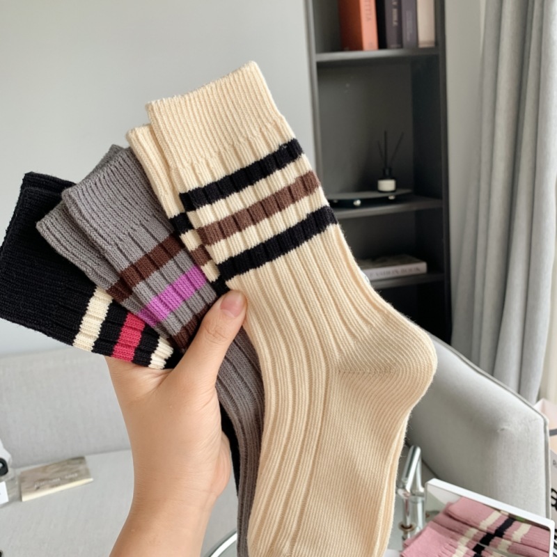韩系三杠粗线女中筒袜精梳棉双针复古百搭风网红潮袜条纹休闲女袜