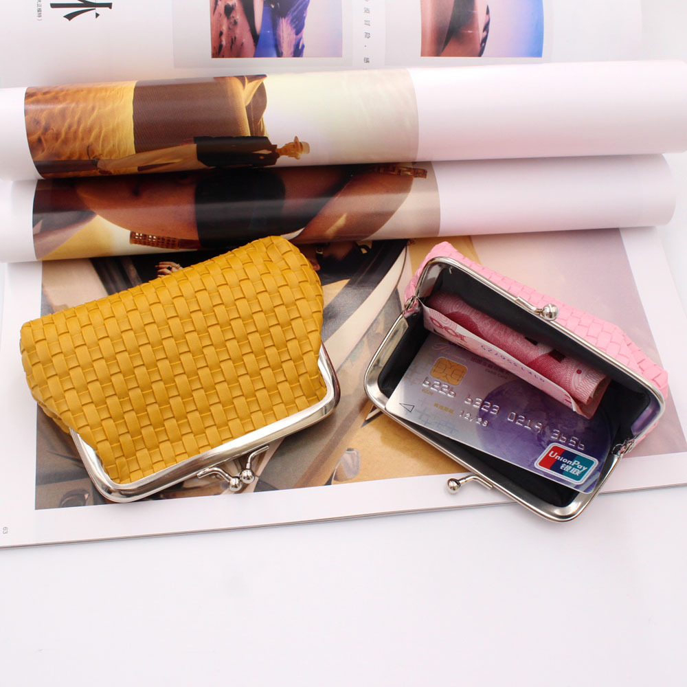 In Stock Wholesale Cross-Border Supply Women's Buckle Coin Purse 4-Inch Clip Bag Pu Woven Card Holder Clutch