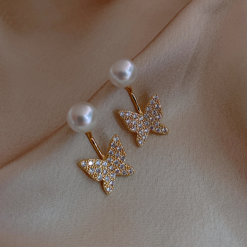 s925银针蝴蝶珍珠耳环女简约冷淡风网红气质韩国耳钉一款两戴耳饰