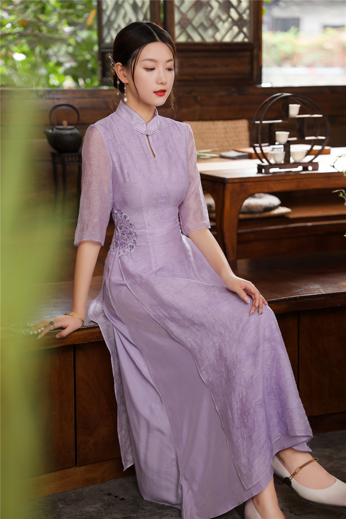 2021年重工刺绣中式国风改良宽松禅意旗袍茶道服长连衣裙